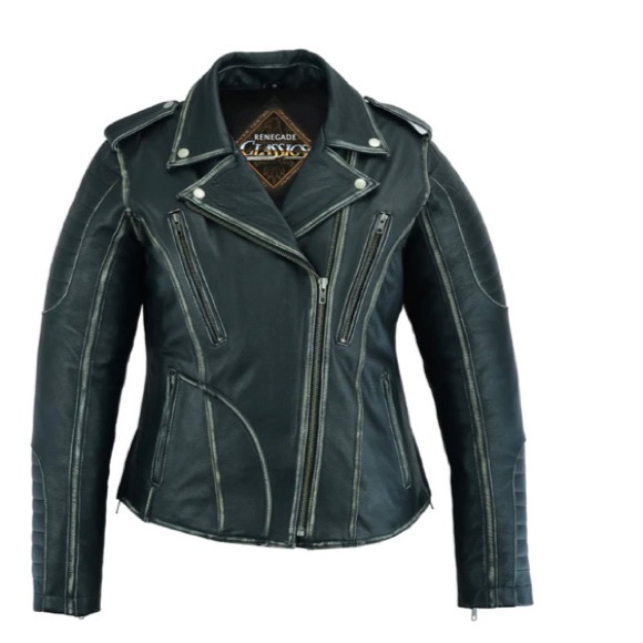 RENEGADE CLASSICS "BLACKHEART" LADIES RUB OFF HOODED LEATHER MOTORCYCLE JACKET - Picture 1 of 1